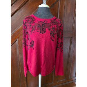 Alfred Dunner Red Floral Embellished Rhinestone Sweater Top M  Long Sleeve